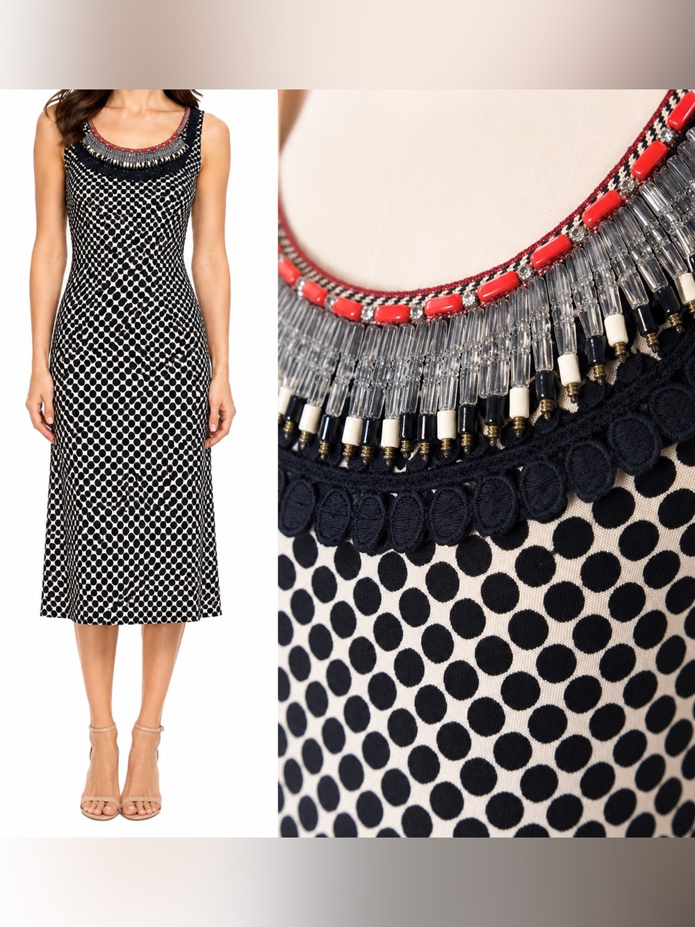 Tory Burch Silk Beaded Polka Dot Midi Cocktail Dress Cream Navy Medium